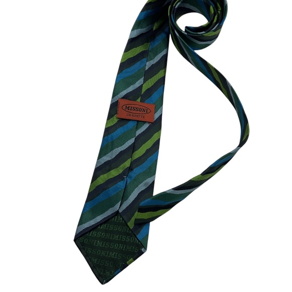 MISSONI Blue/Green Striped Silk LUXURY Tie ITALY - Picture 2 of 4